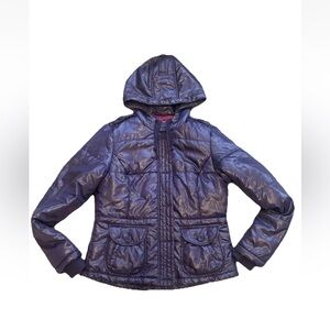 American Eagle Women’s Purple Button Zip Hooded Puffer Coat W/Headphone Pocket L